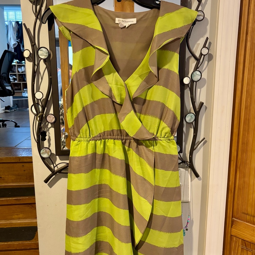 BCBG Lime Green and Brown Striped Midi Dress